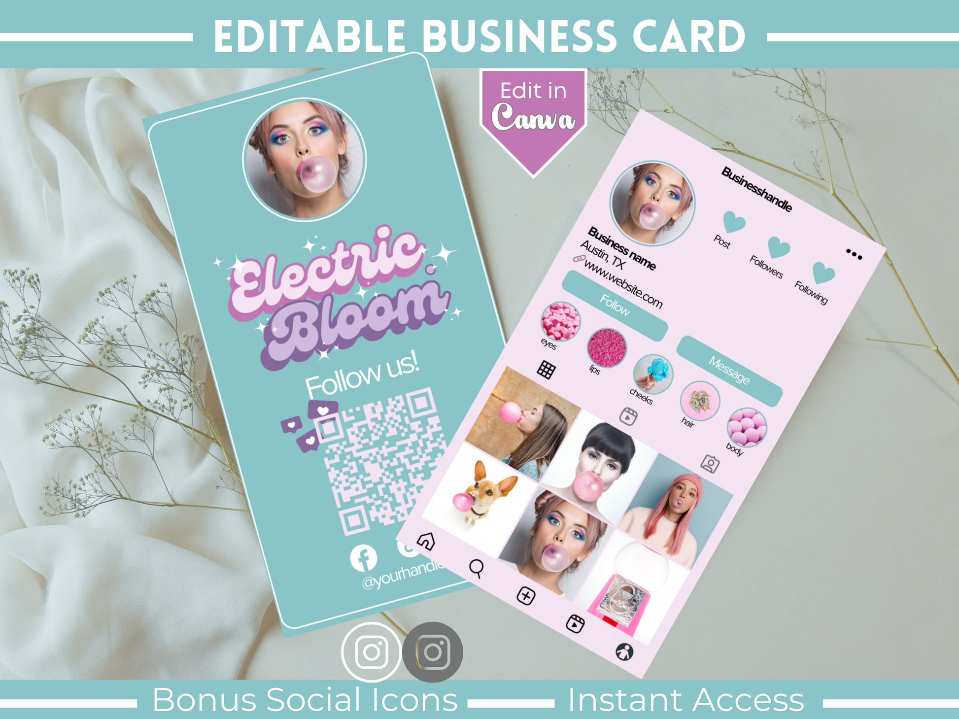 Instagram Business Card, Electric Bloom Theme, Template Colorful QR Code Business Card  Influencer Social Media Template IG Business Card Design Beauty Business Spring Daisy Digital