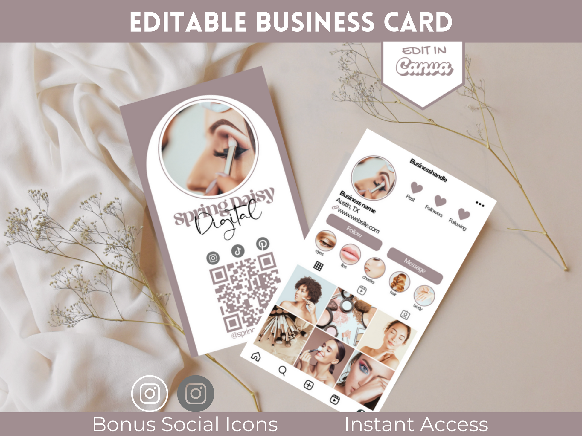 Instagram Business Card Template, ROSE GOLD, Editable Canva Business Card Instagram Feed Card Personalized QR Code Card For Small Business Spring Daisy Digital