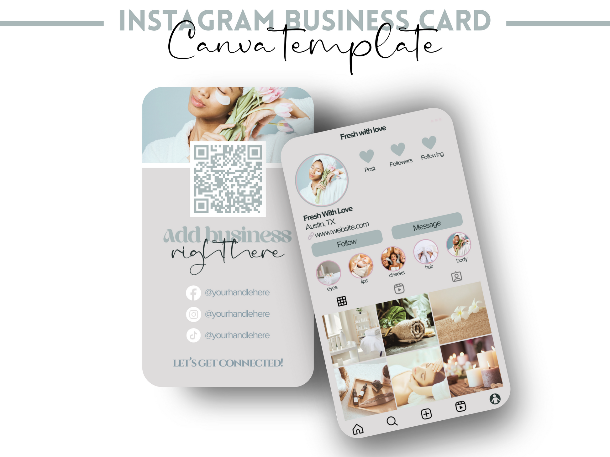Instagram Business Card, Spa Theme, Influencer Editable Business Card Beauty IG Influencer QR Code Business Card Skincare Template Social Media Card Spring Daisy Digital