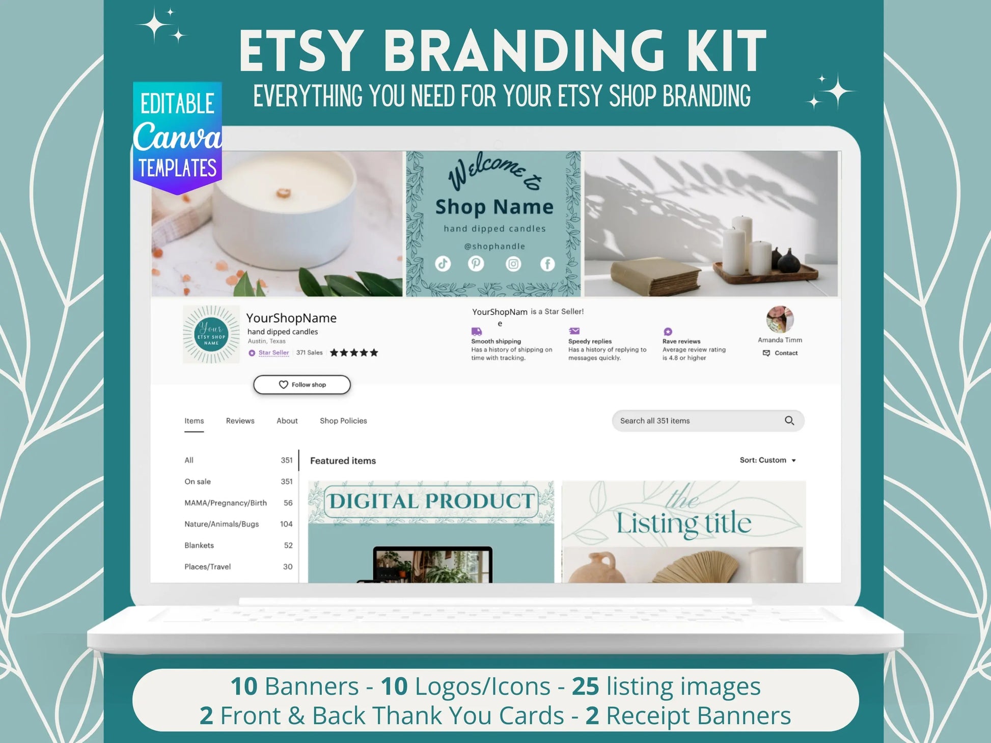 Etsy Seller Branding Bundle Etsy Shop Kit Etsy Banner Template Blue Boho Etsy Store Branding Personalized Shop Canva Editable Templates