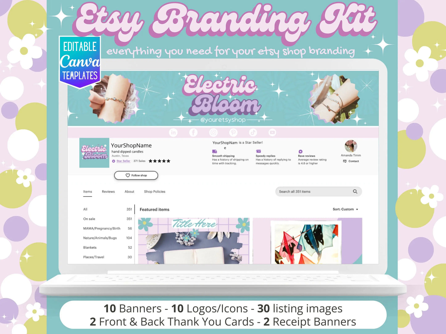 Etsy Seller Branding Bundle Colorful Etsy Shop Kit Pastel Etsy Banner Template Trendy Branding Personalized Shop Canva Editable Templates