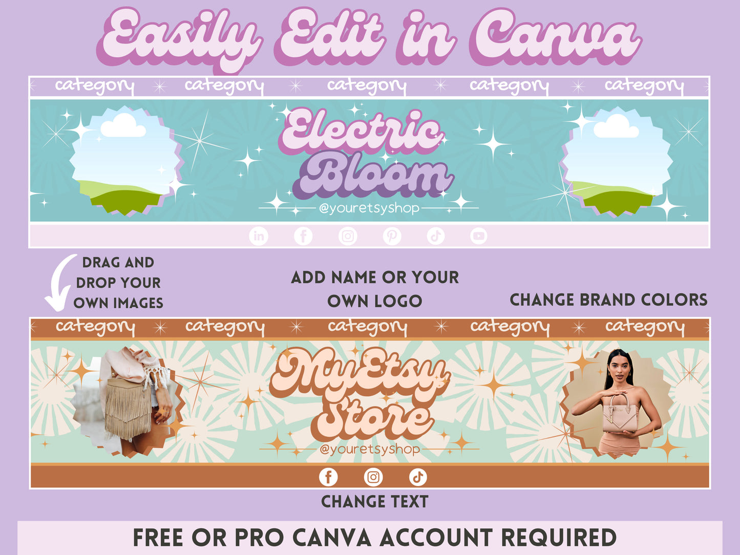 Etsy Seller Branding Bundle Colorful Etsy Shop Kit Pastel Etsy Banner Template Trendy Branding Personalized Shop Canva Editable Templates